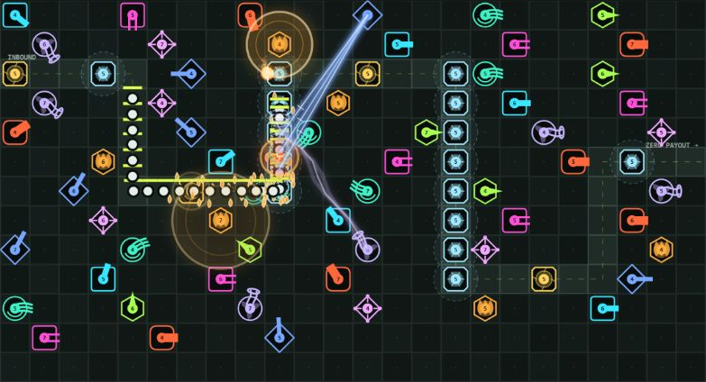 Real Powerline gameplay showing elemental towers, a laser beam, magma blast, and a swarm of enemies on the grid.